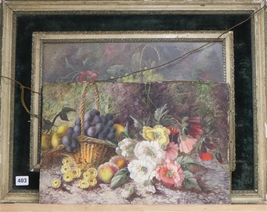 Late 19th century English School, pair of oils on canvas, Still lifes of flowers, fruit and a birds nest 30 x 46cm, one unframed